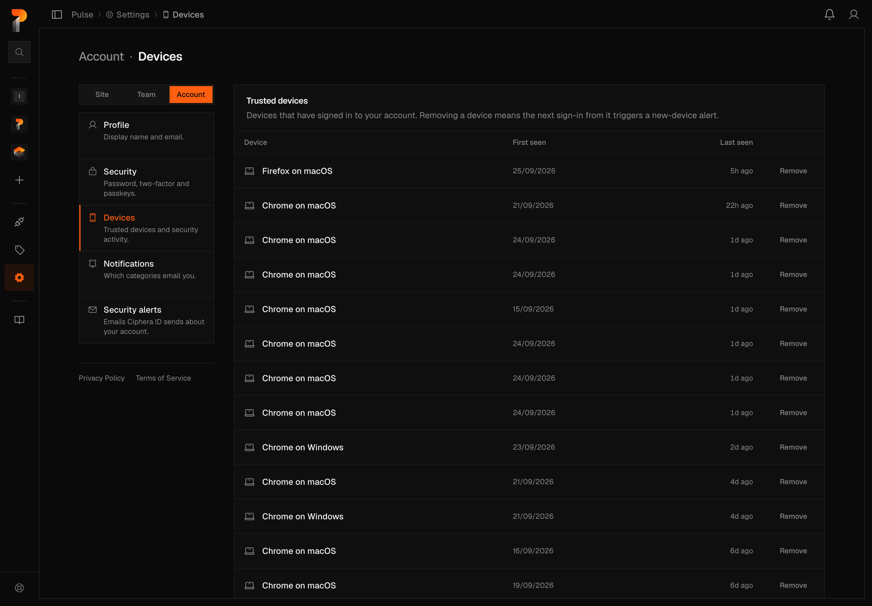 The Pulse Account Devices tab, with the settings header reading Account, Devices and the Site, Team and Account scope switcher showing Account selected. It shows the Trusted devices table with Device, First seen and Last seen columns, listing Chrome and Firefox sessions on macOS and Windows with a Remove button on each row.