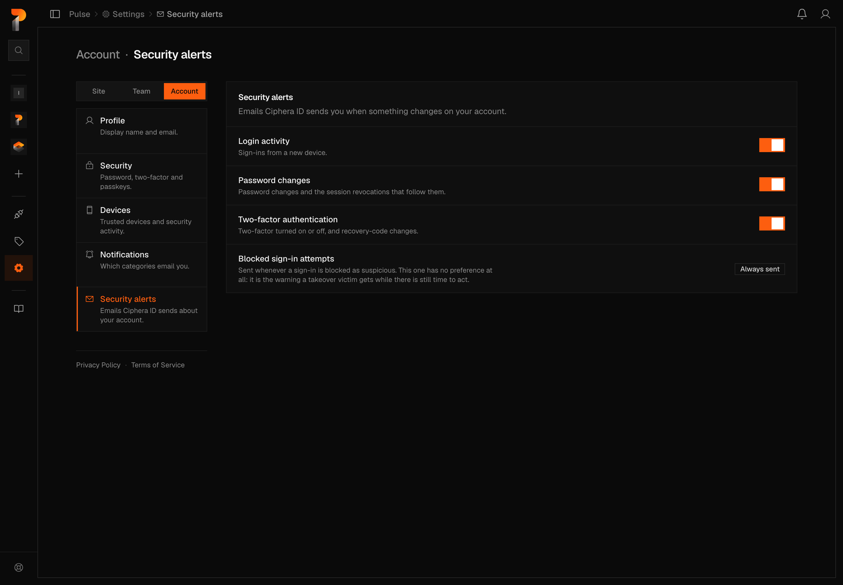The Pulse Account Security alerts tab, with the settings header reading Account, Security alerts and the Site, Team and Account scope switcher showing Account selected. It shows Login activity, Password changes and Two-factor authentication toggles all switched on, and a read-only Always sent label beside Blocked sign-in attempts.