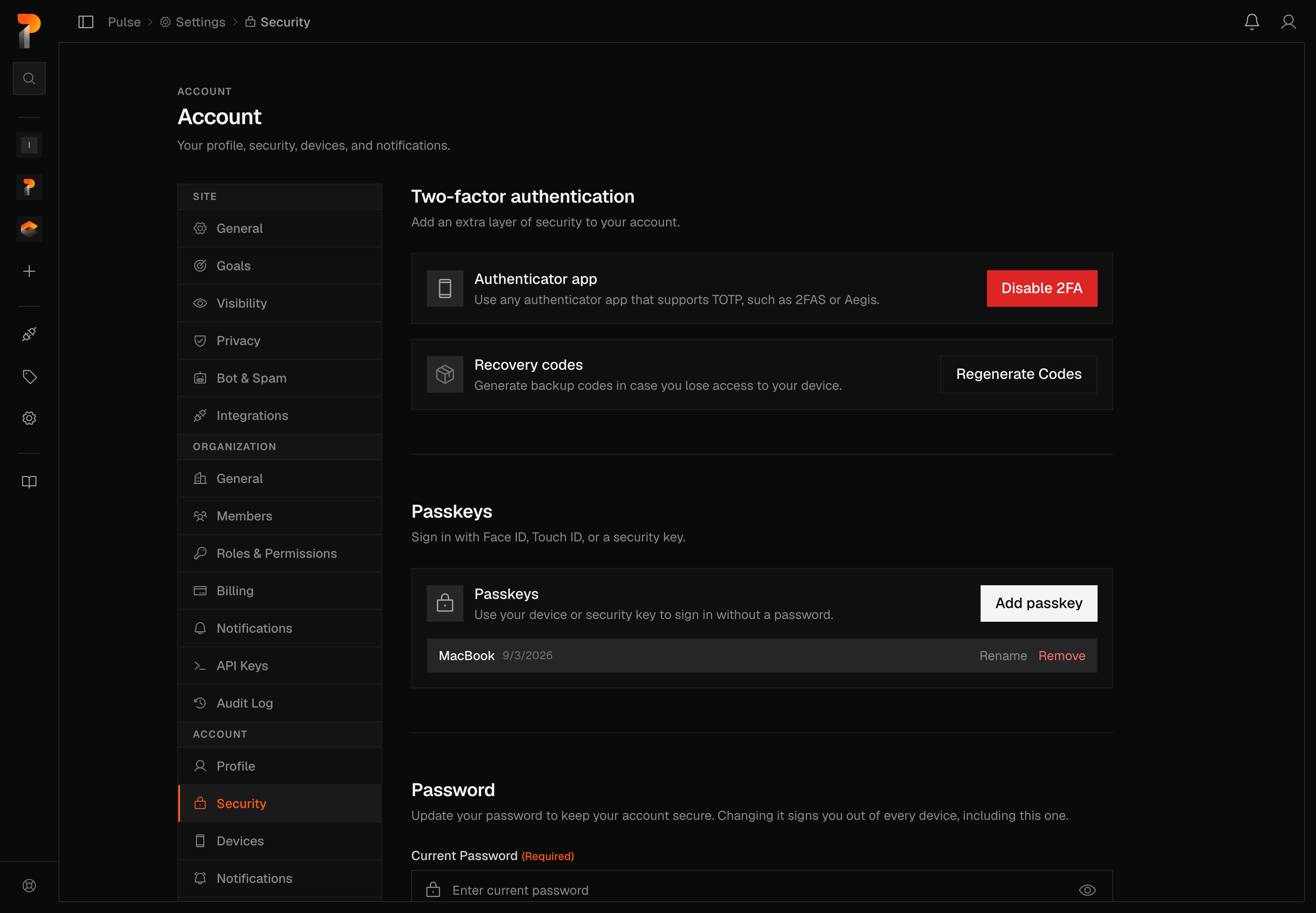 The Security tab: two-factor authentication, recovery codes, passkeys and the password form