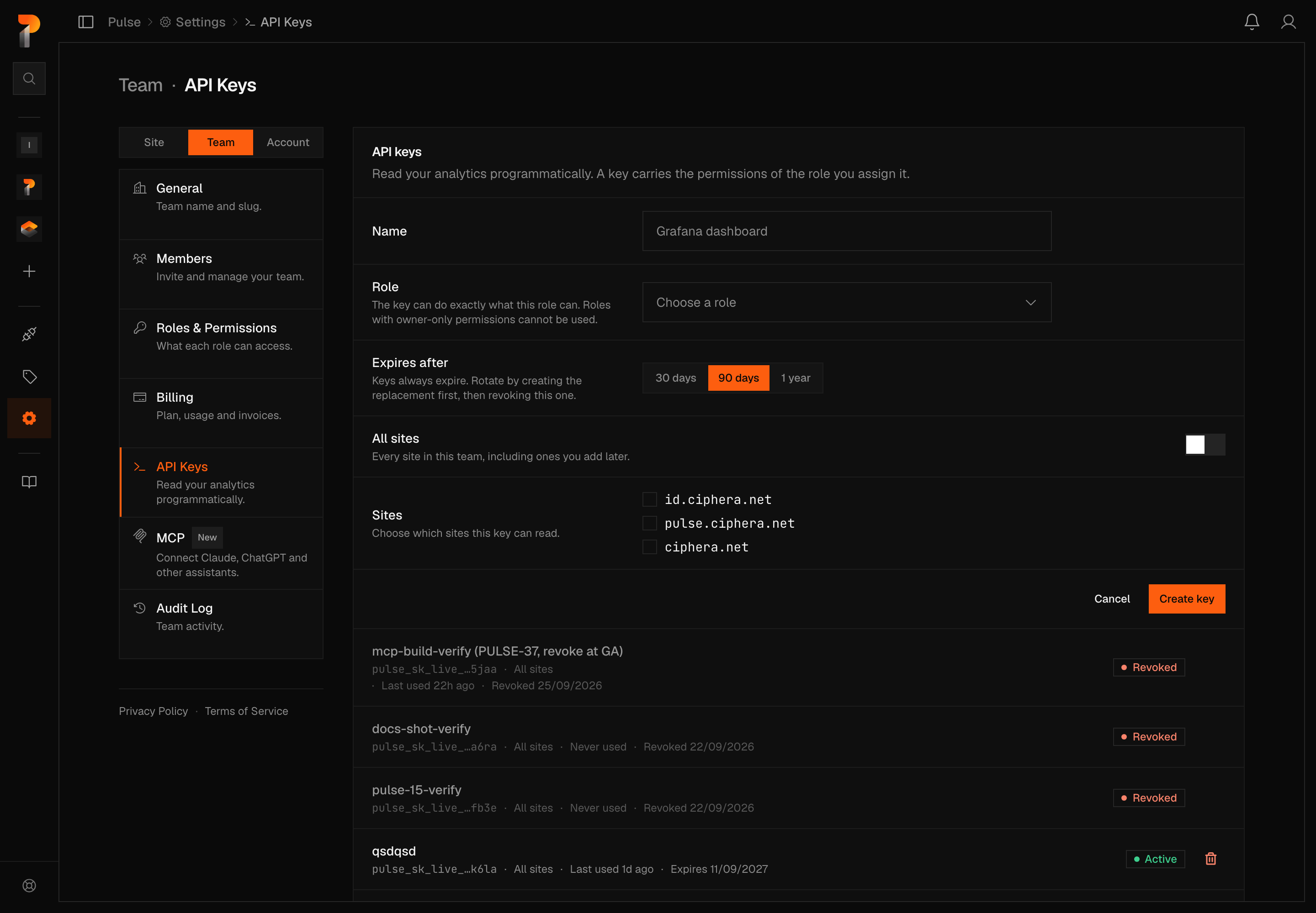 The API key creation form open on the Team · API Keys settings page, with the Site | Team | Account scope switcher set to Team: a Name field, a Role dropdown still showing its 'Choose a role' placeholder, Expires after with 90 days selected, an All sites toggle switched off, and unchecked checkboxes for the individual sites below it.