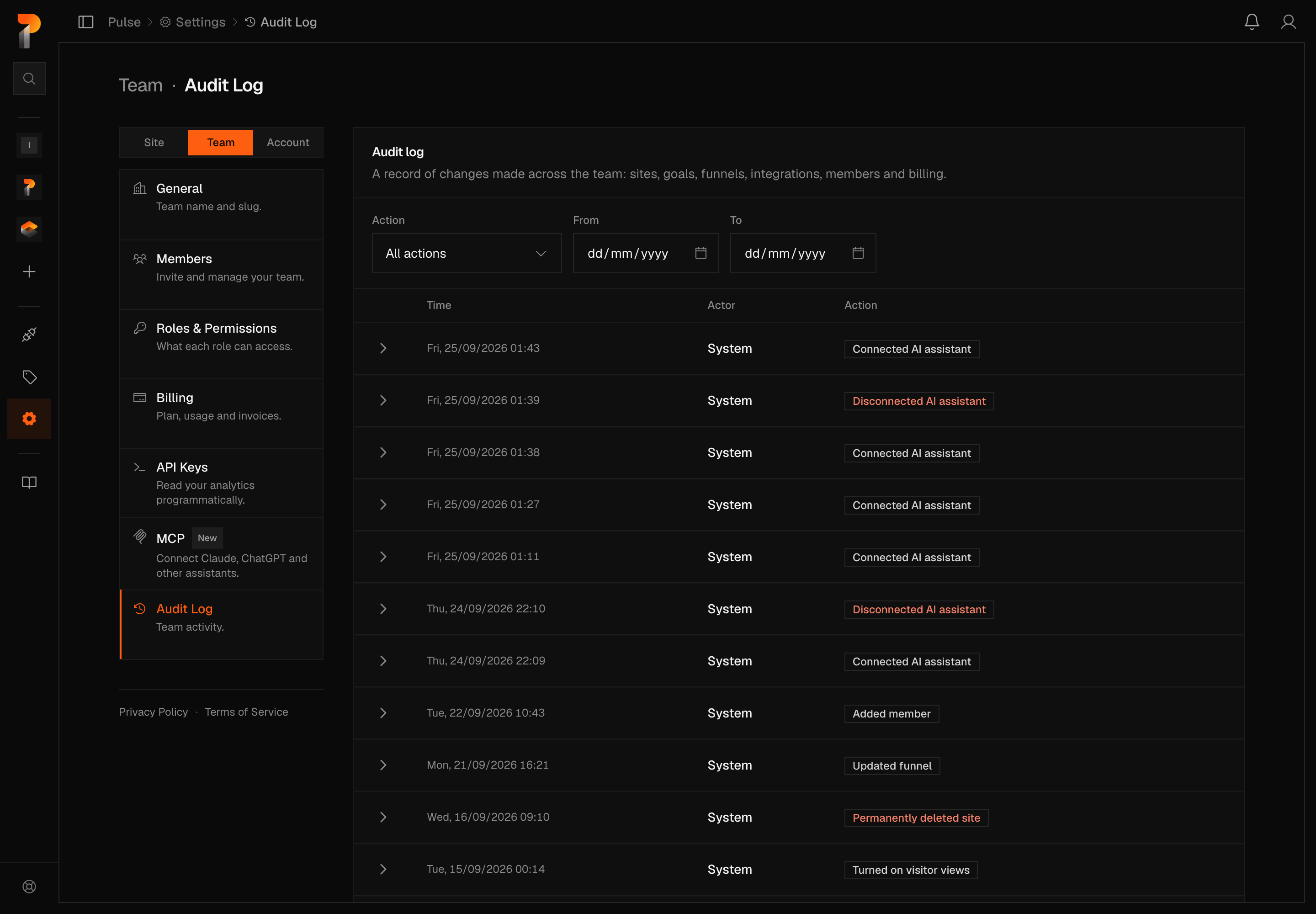 The Team · Audit Log settings page, showing the Action and date-range filter row above a table of team events, each row with a timestamp and System as the actor, and a bordered action label in words: 'Connected AI assistant', 'Added member', 'Updated funnel' and 'Turned on visitor views' in neutral grey, and 'Disconnected AI assistant' and 'Permanently deleted site' in red.