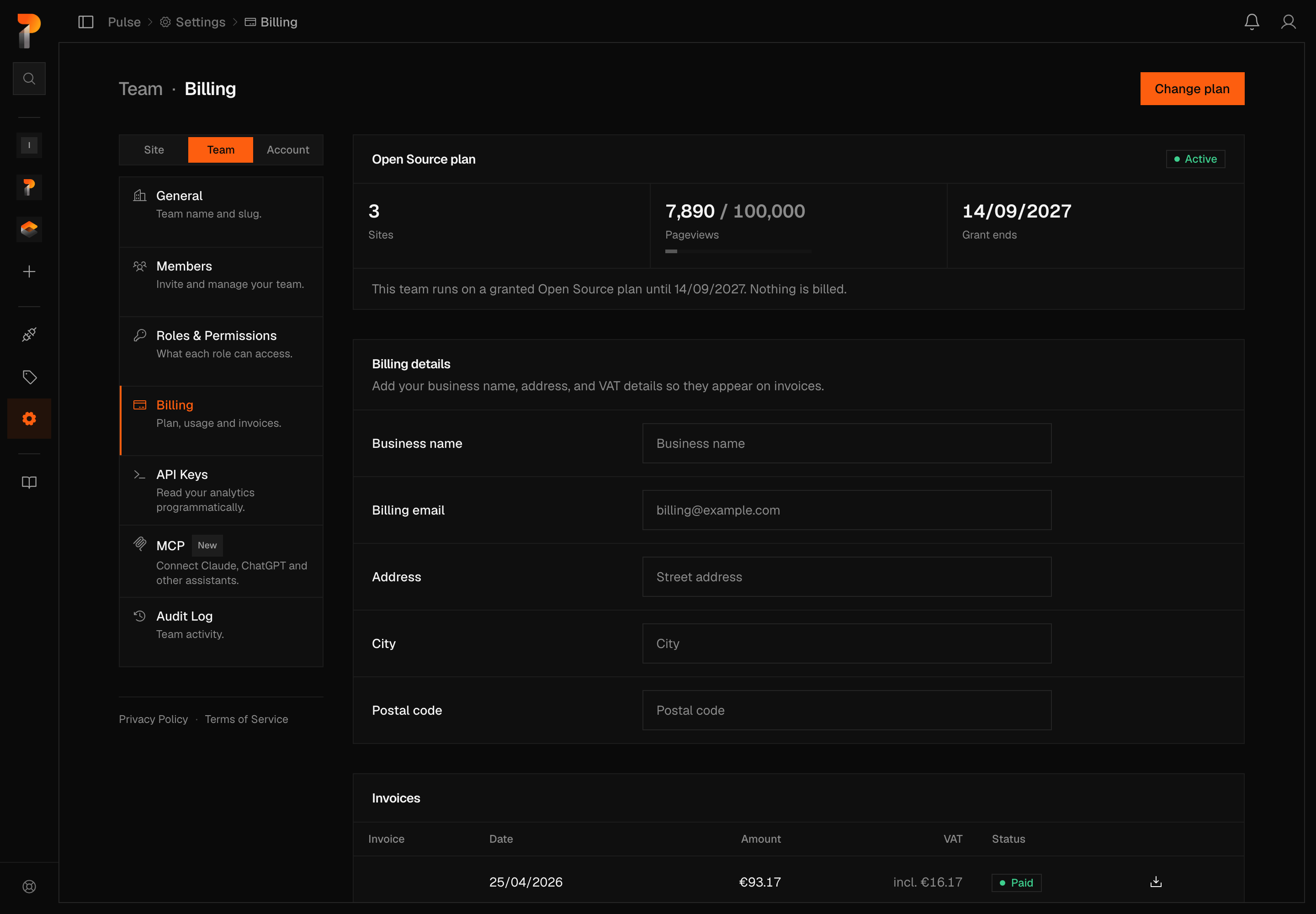 The Team · Billing tab with the Site, Team, Account switcher on Team: the Open Source plan with an Active chip, tiles for Sites, Pageviews with a progress bar and Grant ends, and the line that this team runs on a granted plan until its end date and nothing is billed, above an empty Billing details form and an Invoices table with one paid invoice.
