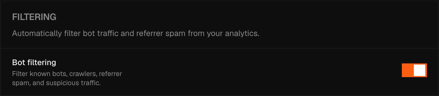 The Filtering panel on the Bot & Spam settings tab, showing the Bot filtering toggle with its caption describing what it filters.