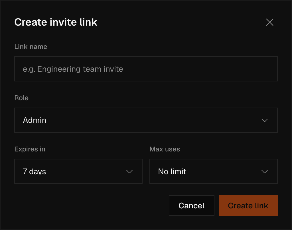 The Create invite link dialog, with an empty Link name field showing the placeholder 'e.g. Engineering team invite', a Role dropdown defaulted to Admin, Expires in defaulted to 7 days, and Max uses defaulted to No limit, above Cancel and Create link buttons.
