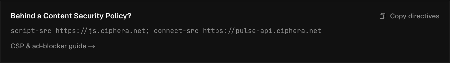 The Behind a Content Security Policy callout box in Pulse's tracking-script settings panel, showing the required CSP directives and a Copy directives button.