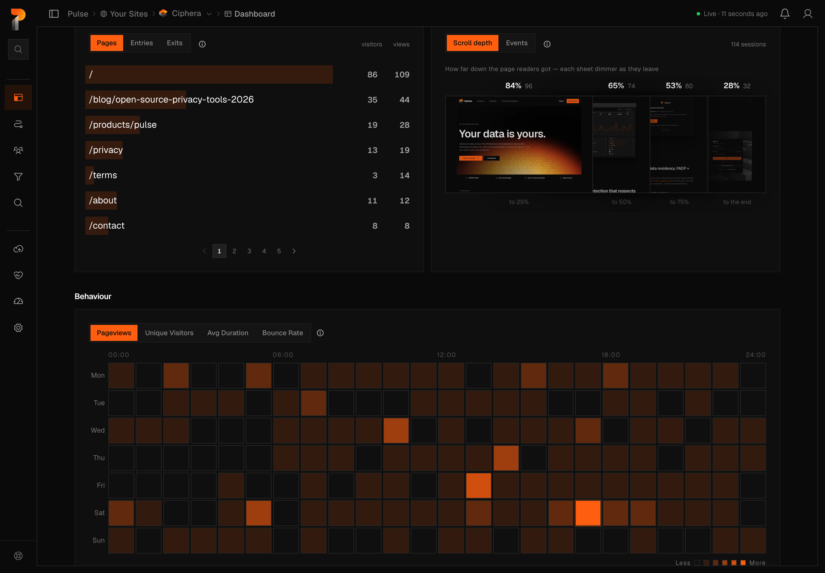 The Behaviour section's peak-hours heatmap, with day-of-week rows and 24 hourly columns shaded by traffic intensity, and its own metric switcher above the grid.