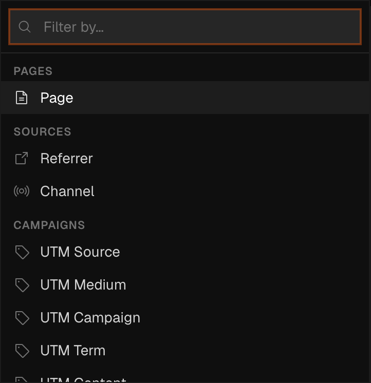 The Add filter popover is open on its default dimension-picker stage, listing every filterable dimension with an icon, grouped under headings such as Pages, Sources, Campaigns, Device, Audience, Journey, and Events.