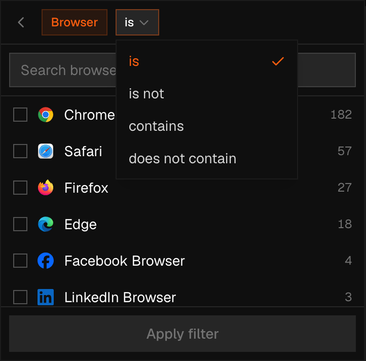 With Browser picked as the filter dimension, the operator chip's dropdown is open, listing all four operators — is, is not, contains, and does not contain — beside the value search box underneath.