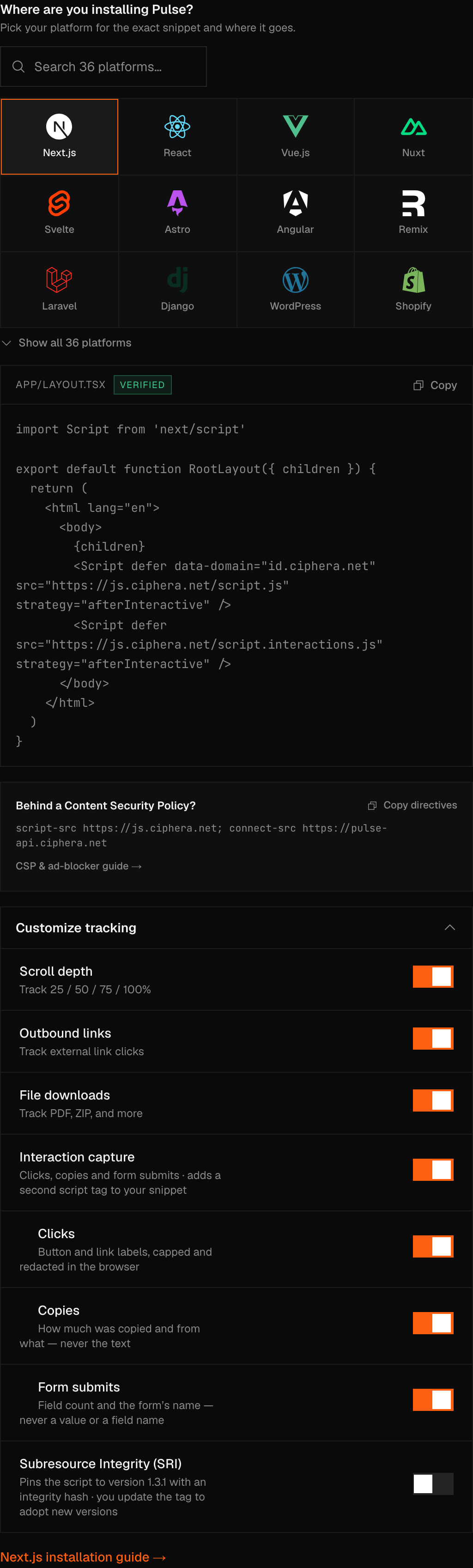 The Pulse install step showing the 'Where are you installing Pulse?' platform grid above an expanded Customize tracking panel with toggles for Scroll depth, Outbound links, File downloads, and Interaction capture.