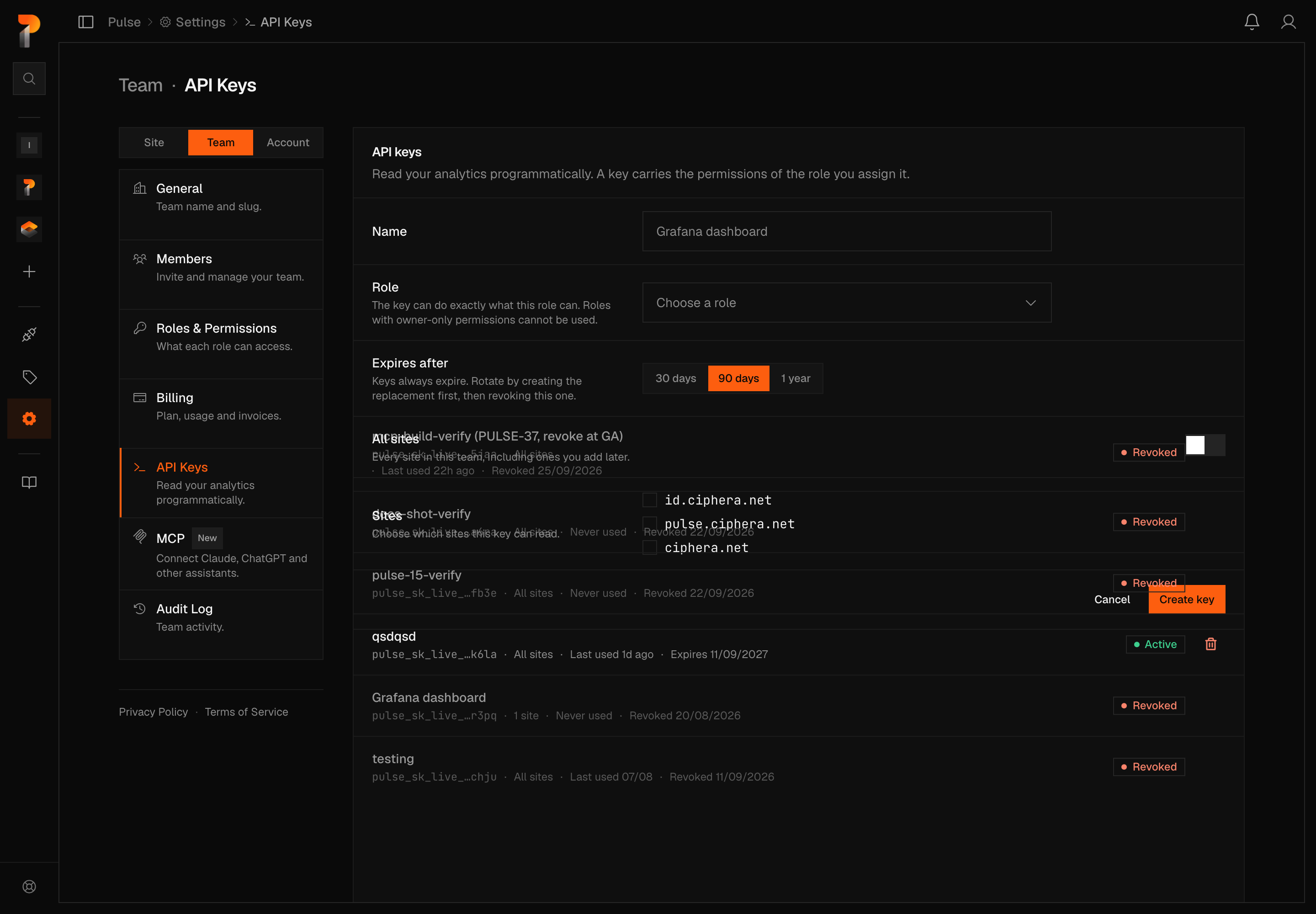 The API key creation form open on the Team · API Keys settings page, with the Site | Team | Account scope switcher set to Team: a Name field, a Role dropdown still on its 'Choose a role' placeholder, Expires after with 90 days selected, an All sites toggle switched off, and unchecked checkboxes for the individual sites beneath it, with the existing key list visible behind the panel.