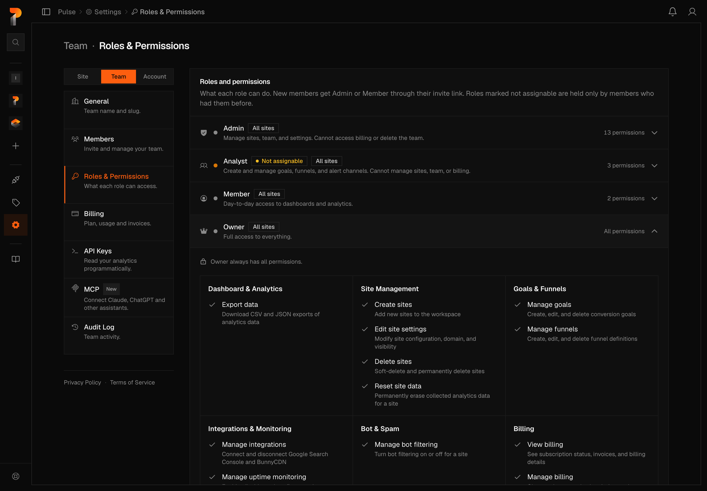The Team, Roles and Permissions page with the Owner row expanded: a checkmark beside every permission across the Dashboard & Analytics, Site Management, Goals & Funnels, Integrations & Monitoring, Bot & Spam and Billing categories, and the note that Owner always has all permissions.