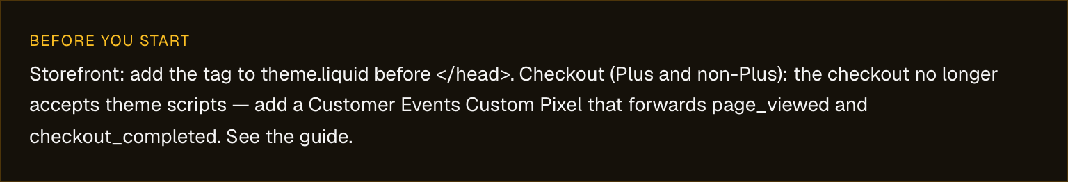 An amber 'Before you start' notice on Pulse's Shopify integration page explaining that checkout no longer accepts theme scripts and requires a separate Customer Events Custom Pixel.