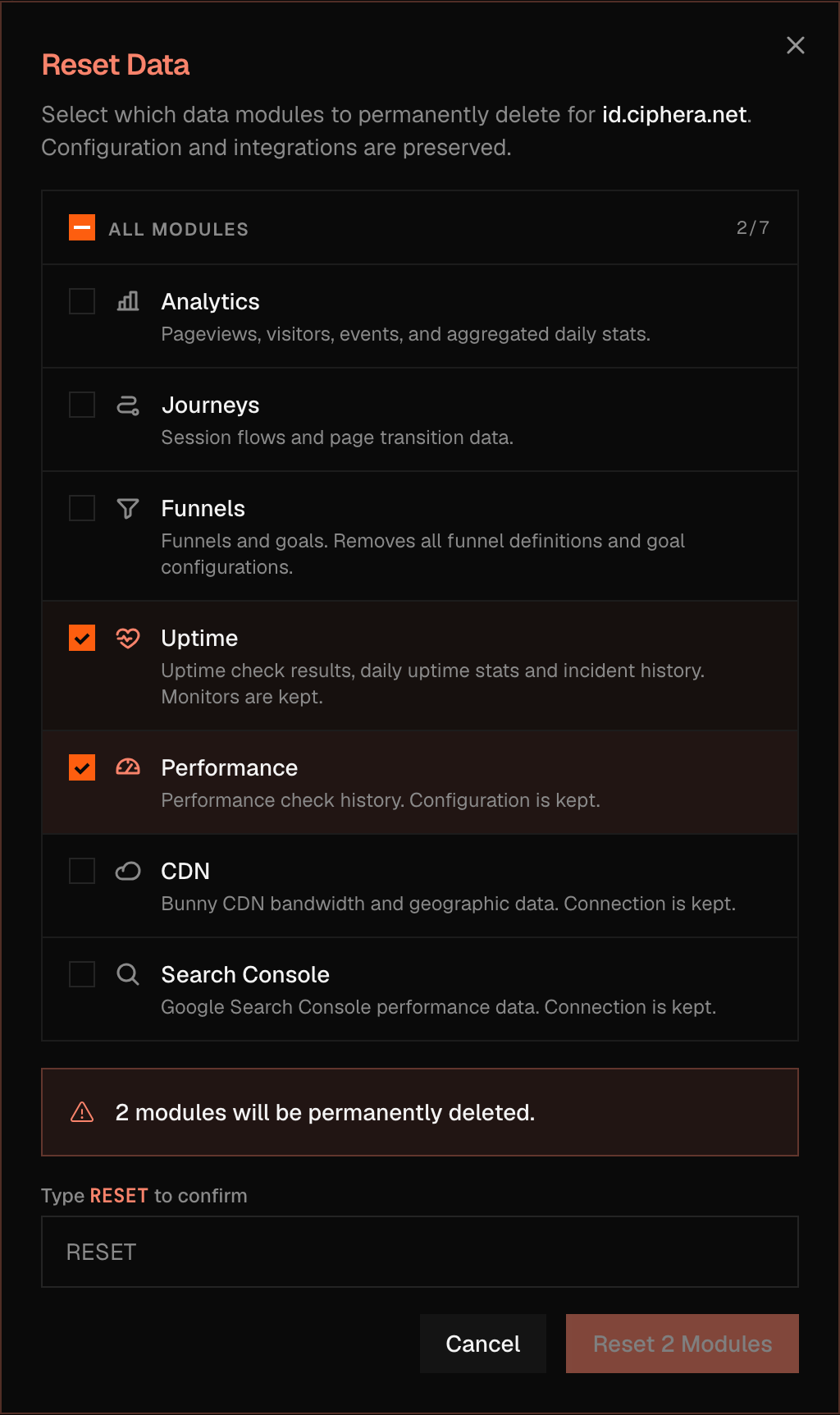 The Reset Data confirmation dialog with the Uptime and Performance modules checked, showing the danger banner and the 'Type RESET to confirm' input.