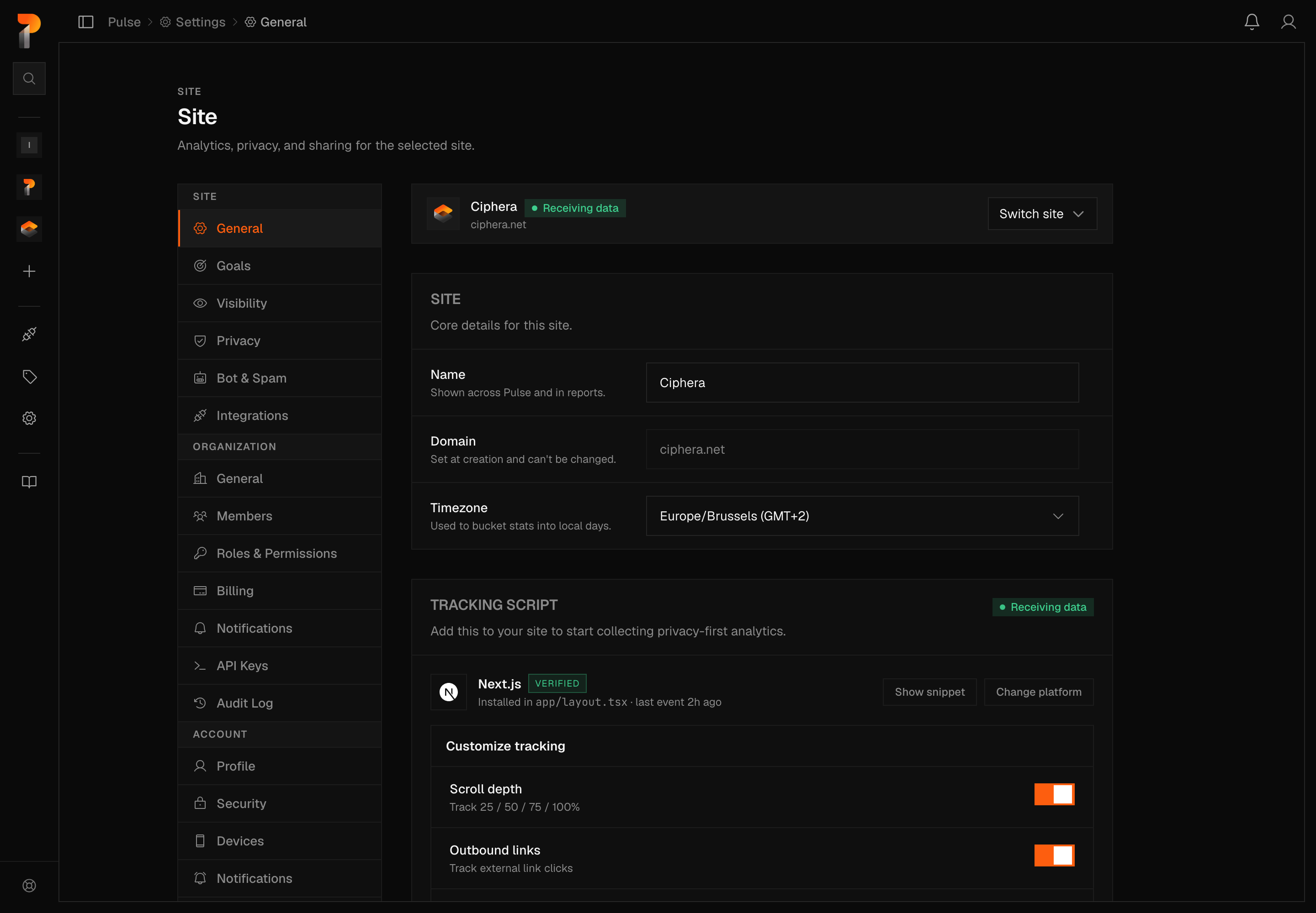 Site Settings on the General tab, with the site name, domain and timezone