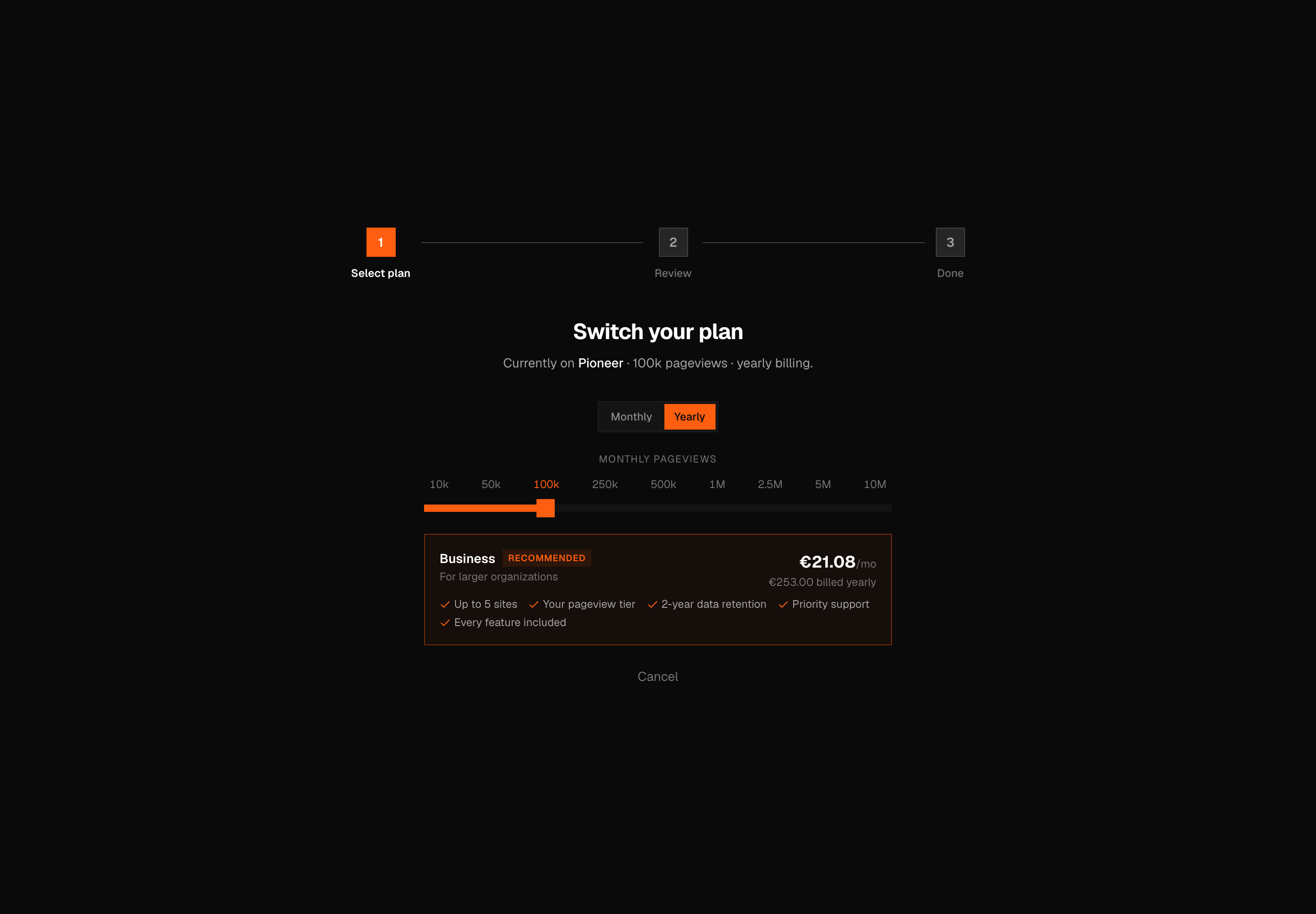 The plan-switching wizard's first step: a Monthly/Yearly billing-interval switcher and a monthly-pageviews traffic-tier slider positioned above the Business plan card.