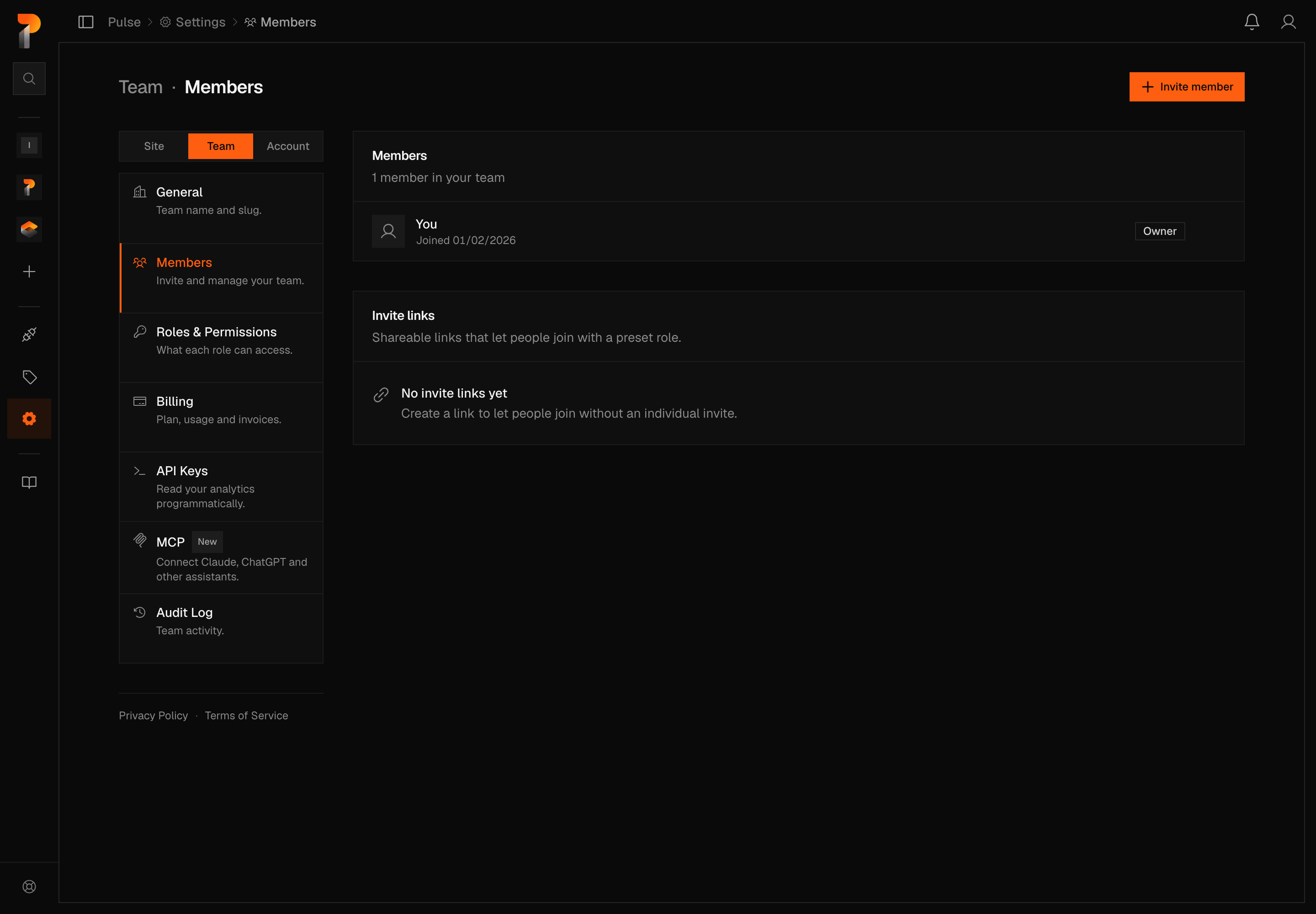 The Team · Members settings page with the Site, Team, Account switcher set to Team, showing one member row: an avatar, 'You', joined 01/02/2026, and an Owner badge, above the Invite links panel in its empty state, 'No invite links yet', with the prompt to create one.