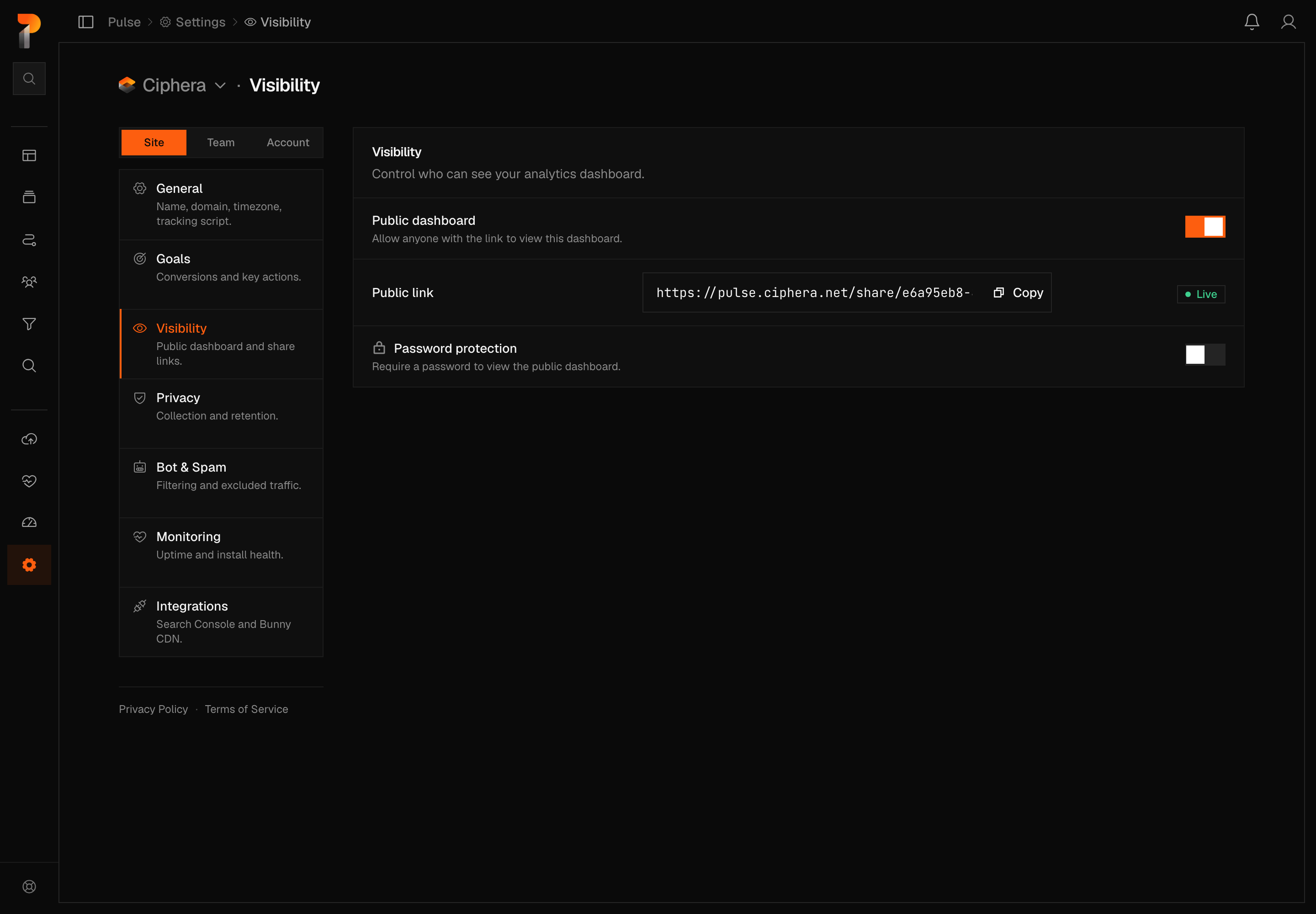 The Site Visibility settings tab for the site named Ciphera, with the Site, Team and Account scope switcher showing Site selected. The Public dashboard toggle is switched on beside a green Live status chip and a partially shown public share link with a Copy button, and the Password protection toggle underneath is switched off.