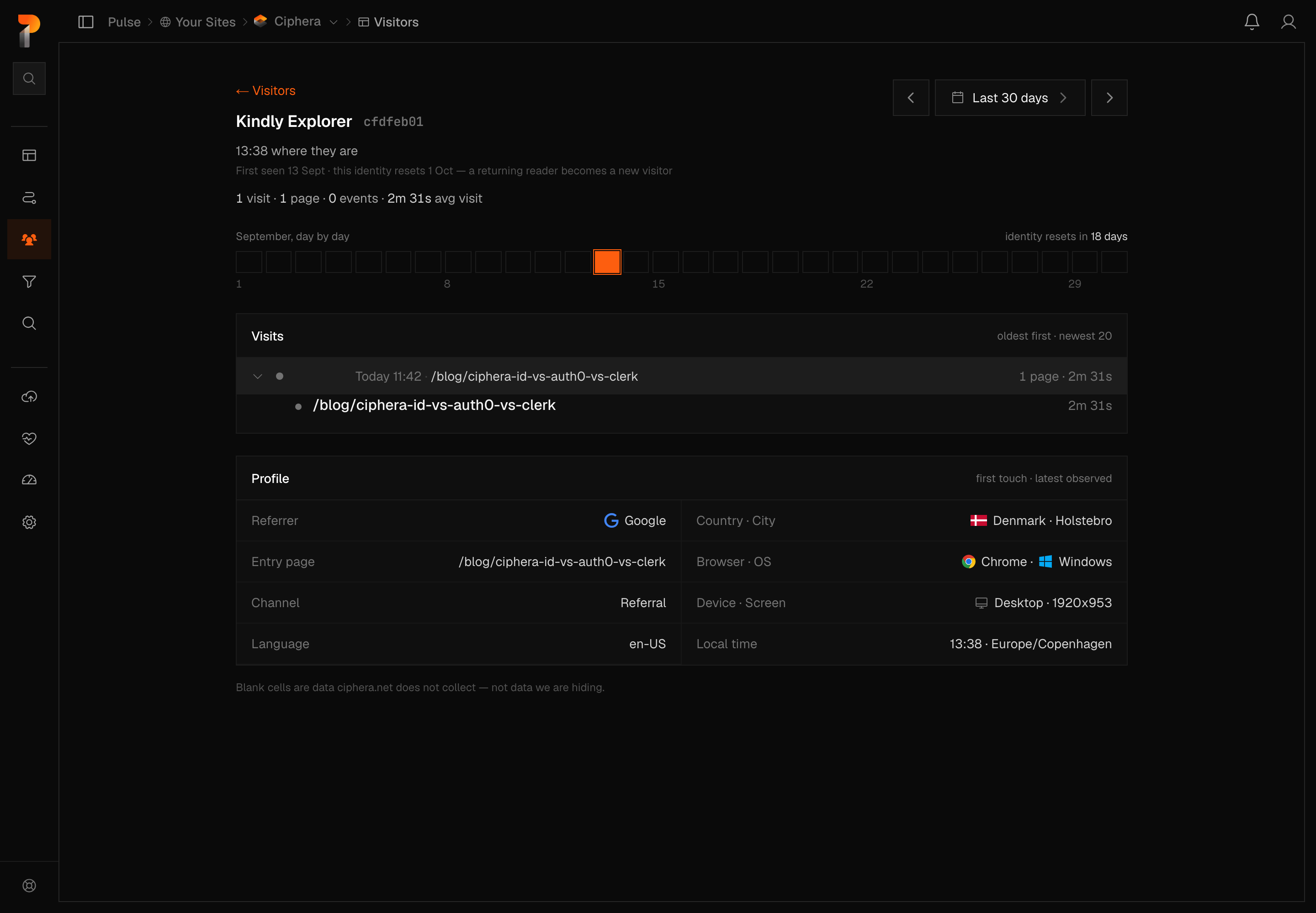 A visitor's page in Pulse with one visit expanded in the Visits card, showing the single page it covered and its time on page beneath the row, above the Profile panel of referrer, entry page, country, browser and device.