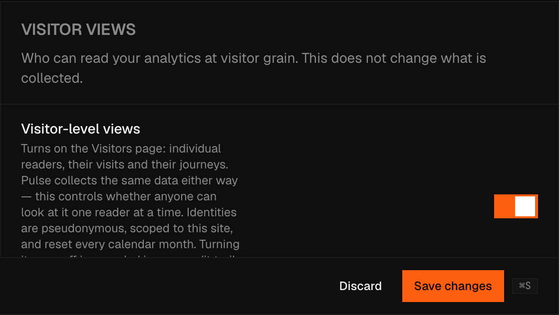 The Visitor views settings panel, showing the Visitor-level views toggle and its caption explaining that it only changes who can read visitor-grain data, not what is collected.