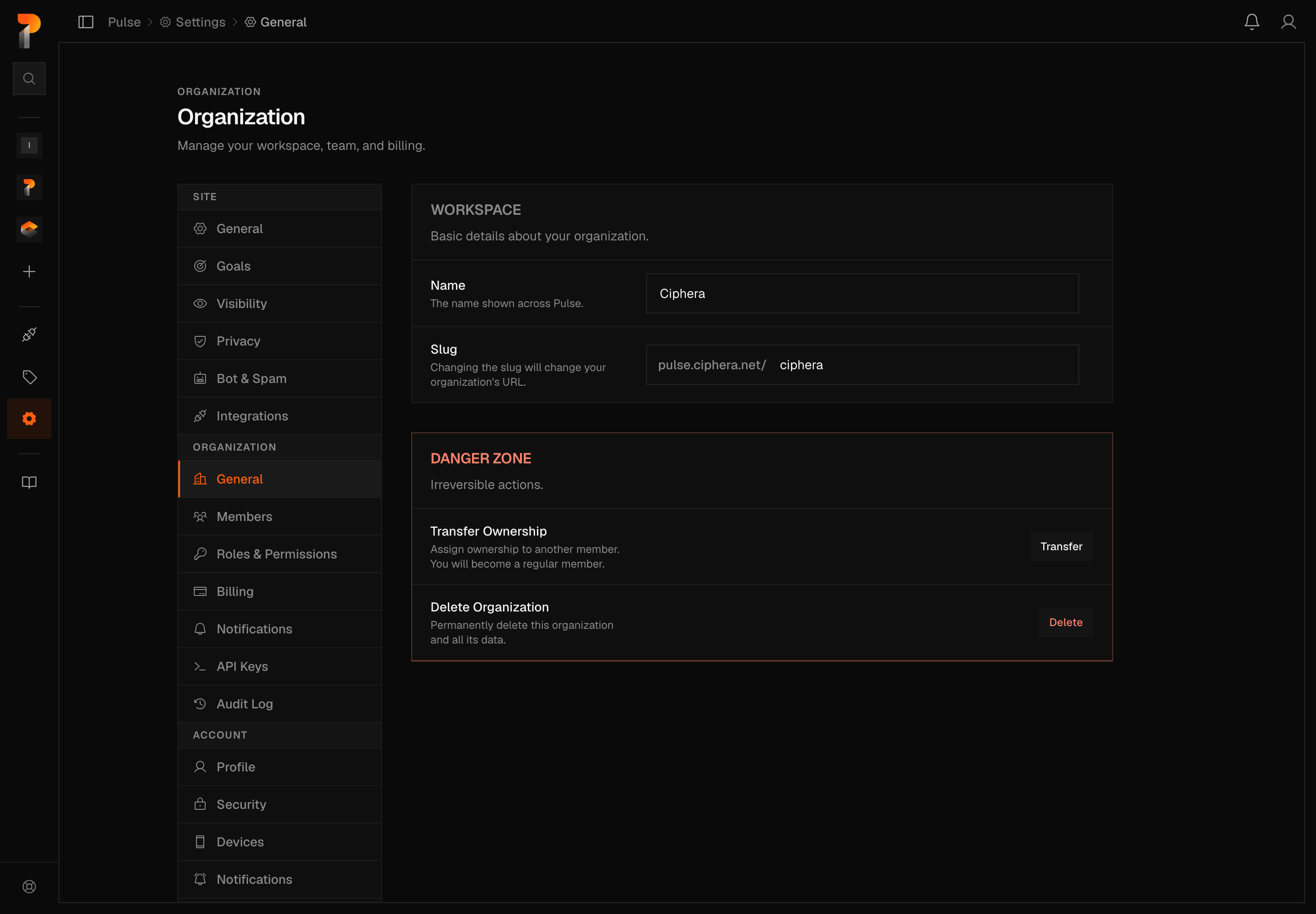Workspace settings, showing the organisation name and its URL