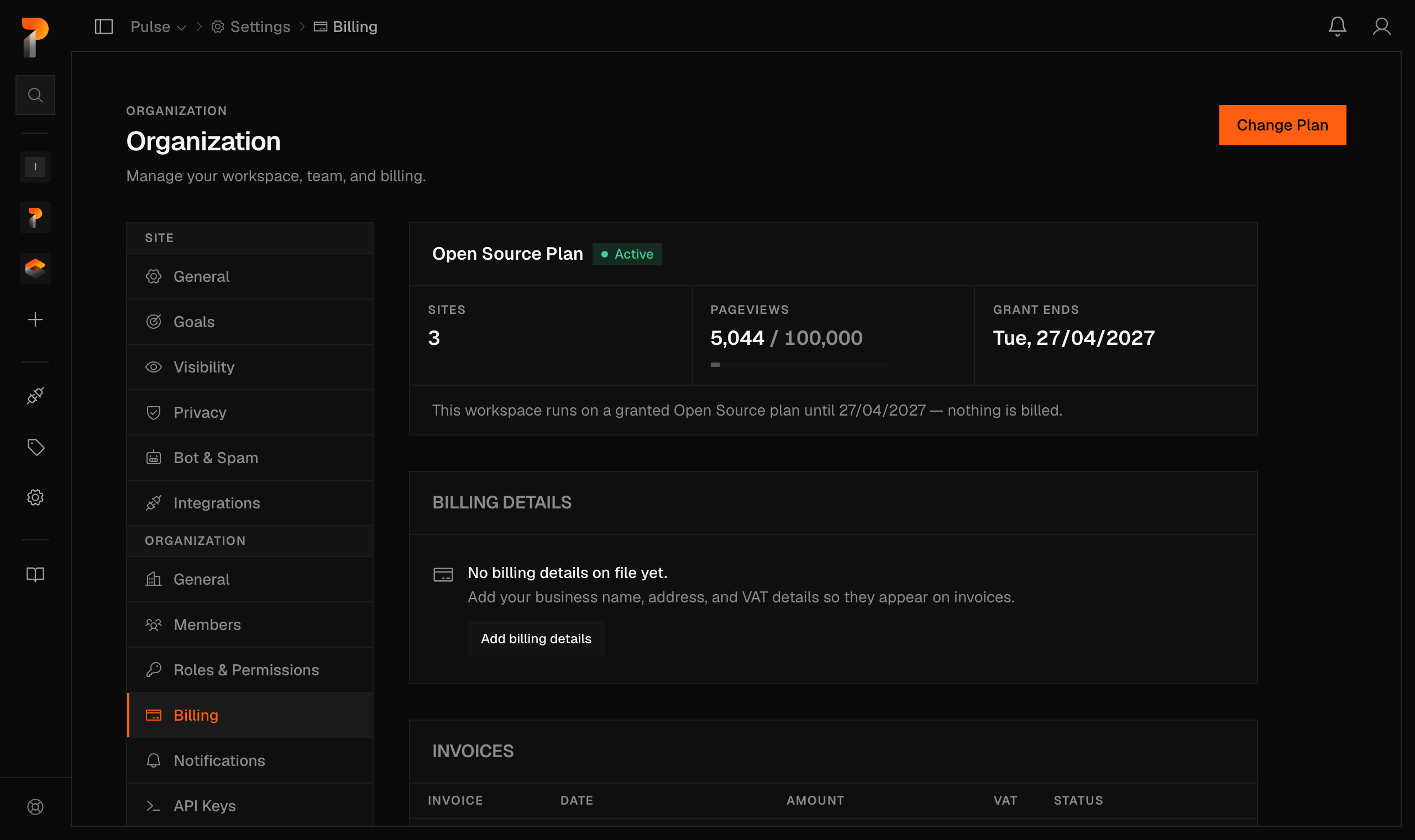 The Pulse billing page on the Open Source plan — active, €0 a month, nothing billed