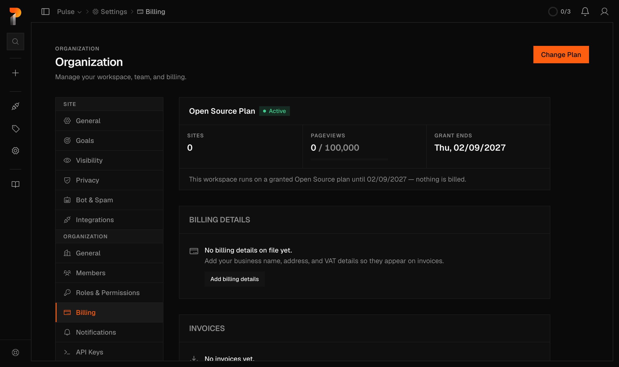 The Pulse billing page on the Open Source plan — active, €0 a month, nothing billed