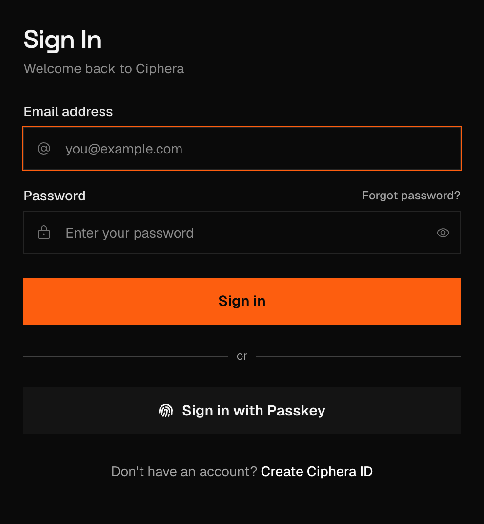 The Ciphera ID sign-in screen — zero-knowledge OPAQUE authentication with passkey support